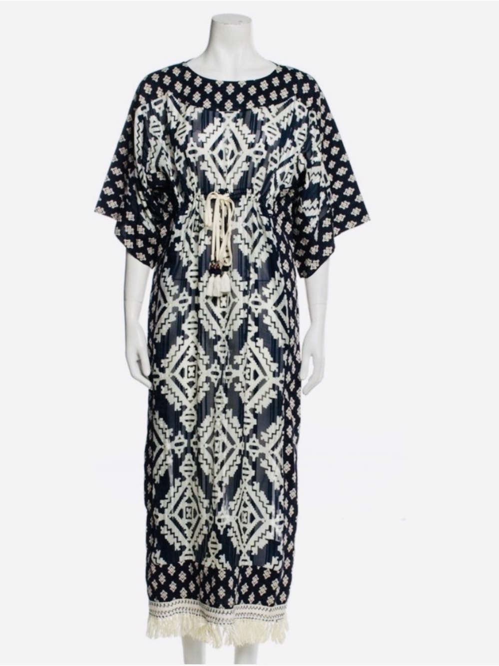 Tory Burch Navy and Cream Geometric Kaftan Maxi Dress